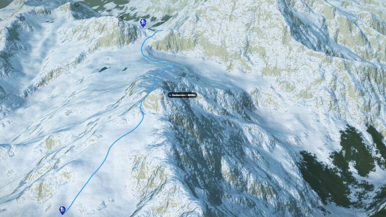 3D-Kartenausschnitt der Skitour aufs Hockenhorn an der Grenze der Kantone Wallis und Bern