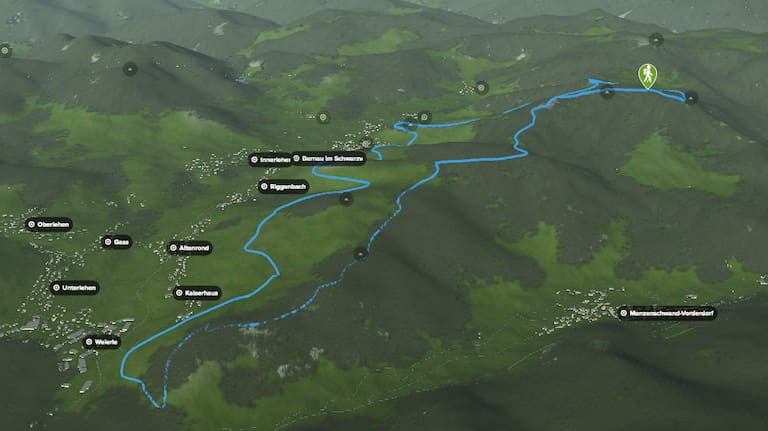 3D-Kartenausschnitt des Bernauer Hochtalsteigs im Hochschwarzwald in Baden-Württemberg
