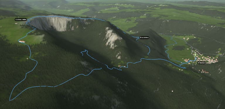 3D-Kartenausschnitt der Rundtour im Val-des-Travers in der Schweiz