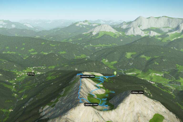 3D-Kartenausschnitt der Wanderung auf die Gasselhöhe an der Grenze der Steiermark zu Salzburg