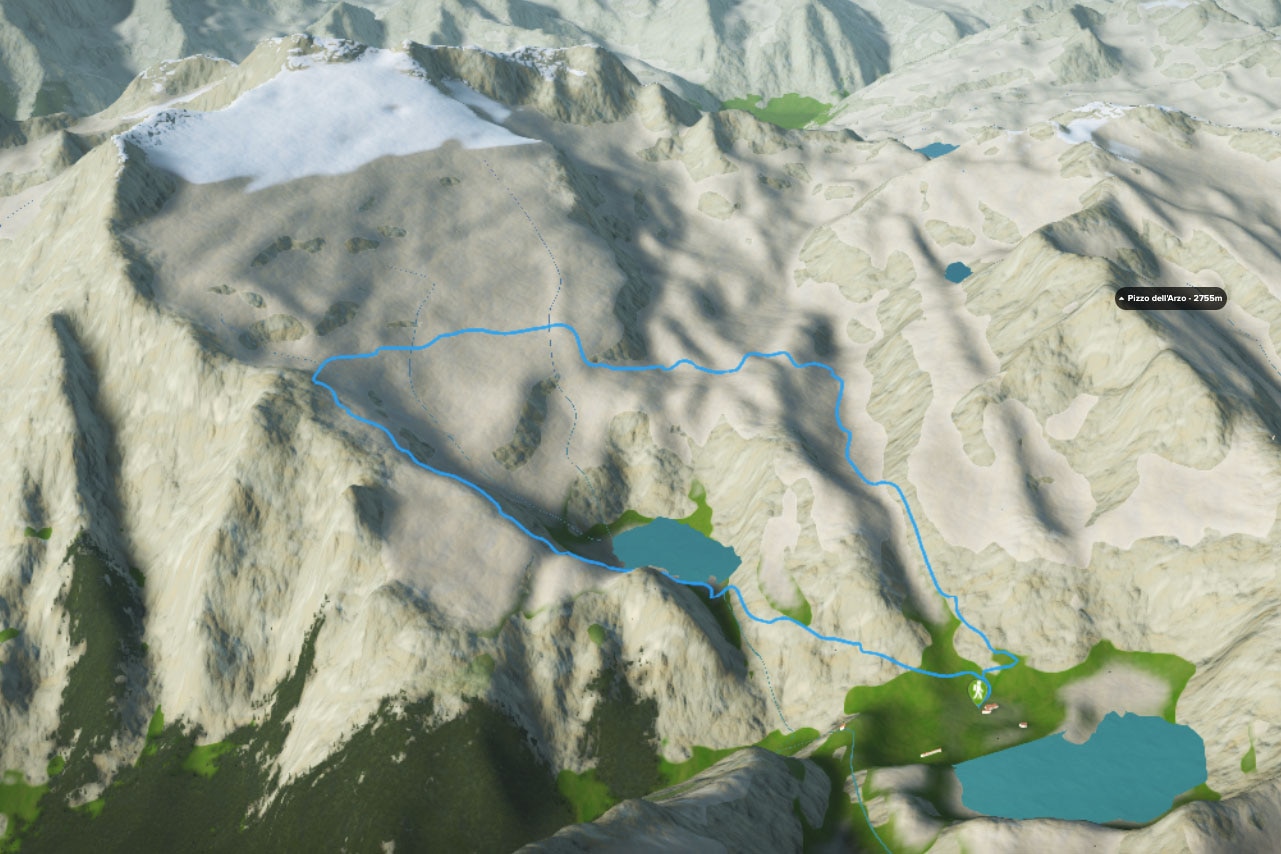 3D-Kartenausschnitt der Wanderung entlang des Gletscherpfads Basodino in den Tessiner Alpen