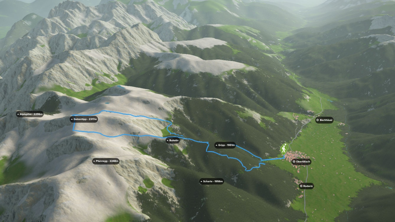 3D-Kartenausschnitt der Wanderung auf den Golzentipp in den Gailtaler Alpen in Osttirol