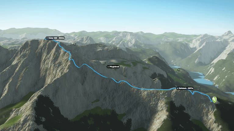 3D-Kartenausschnitt der Tour über den Mannlgrat auf den Hohen Göll in den Berchtesgadener Alpen in Bayern