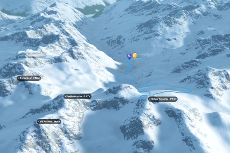 3D-Kartenausschnitt der Skitour auf die Hintere Jamspitze in Tirol