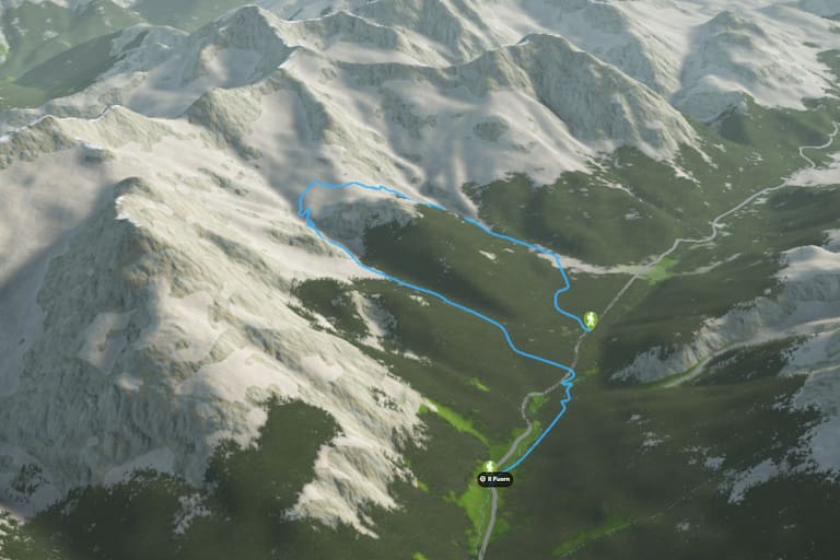 3D-Kartenausschnitt der Wanderung im Schweizerischen Nationalpark im Kanton Graubünden