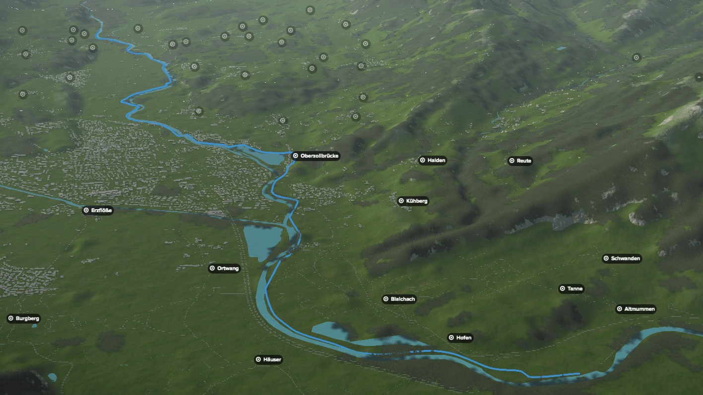 3D-Kartenausschnitt der Paddeltour auf der Iller in Bayern