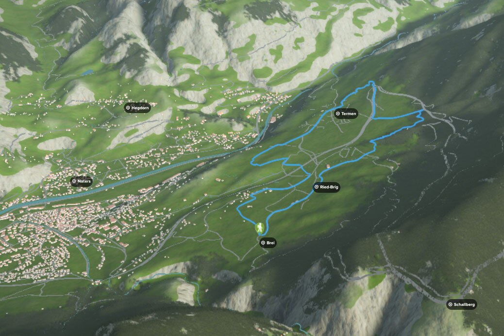 3D-Kartenausschnitt des Rundwegs am Brigerberg im Kanton Wallis