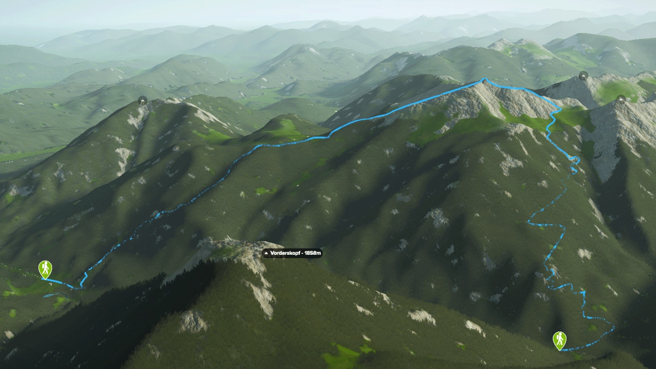 3D-Kartenausschnitt der Bergtour auf den Schafreuter im Vorkarwendel an der Grenze von Bayern und Tirol