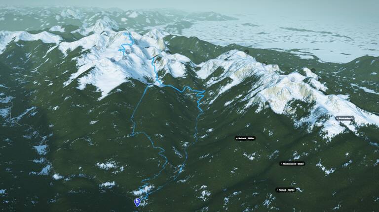 3D-Kartenausschnitt der Skitour auf die Ammergauer Hochplatte in Bayern