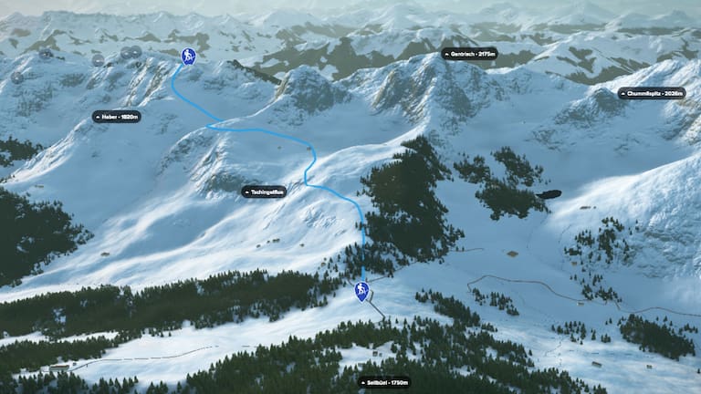 3D-Kartenausschnitt der Skitour auf die Gustispitze/Chrummfadenfluh im Berner Oberland