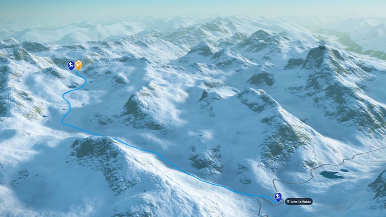 3D-Kartenausschnitt der Skitour auf die Jenatschhütte in Graubünden