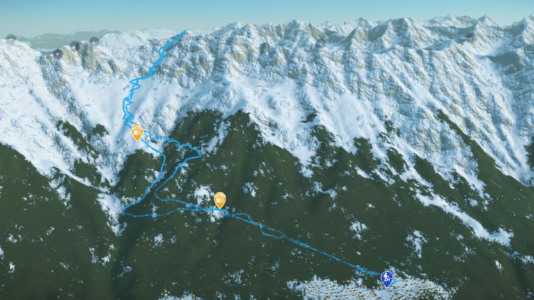 3D-Kartenausschnitt der Skitour auf den Kemacher im Tiroler Karwendel