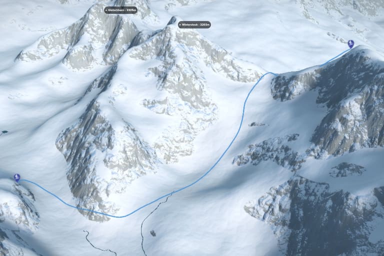 3D-Kartenausschnitt der Skitour auf den Lochberg in den Urner Alpen