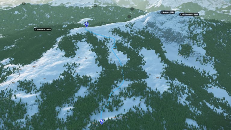 3D-Kartenausschnitt der Skitour auf den Grünten in den Allgäuer Alpen in Bayern