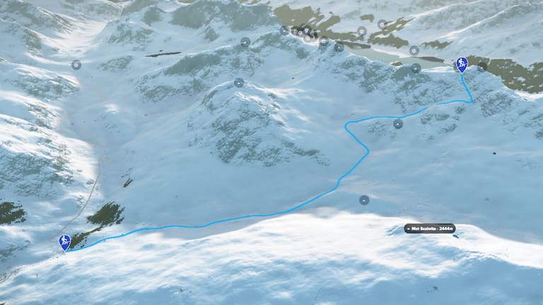 3D-Kartenausschnitt der Skitour auf den Piz Grevasalvas in der Platta-Gruppe in Graubünden