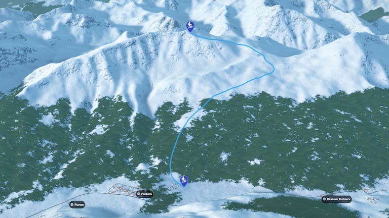 3D-Kartenausschnitt der Skitour auf den Piz Turettas im Val Müstair in Graubünden