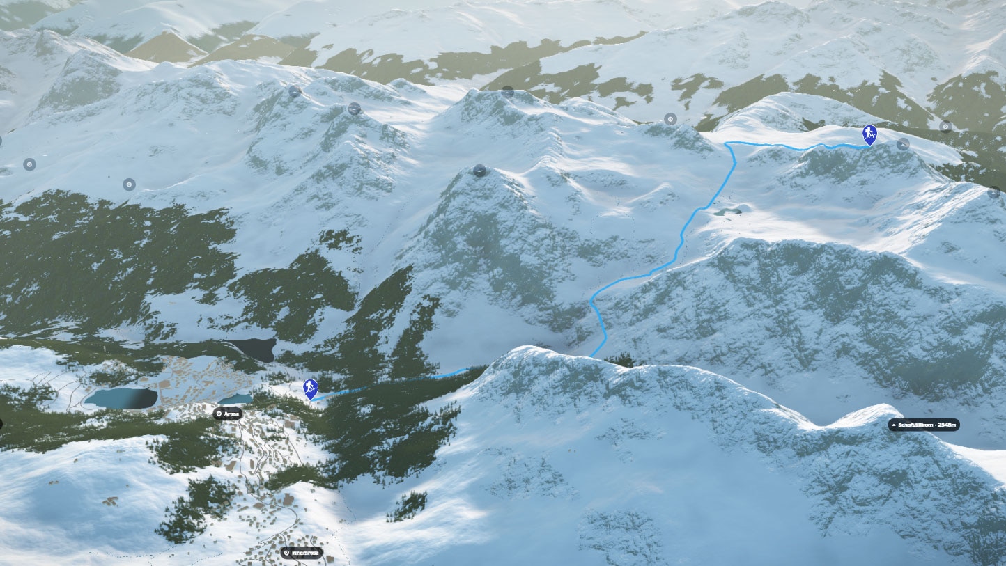 3D-Kartenausschnitt der Skitour aufs Valbellahorn bei Arosa in den Plessur-Alpen