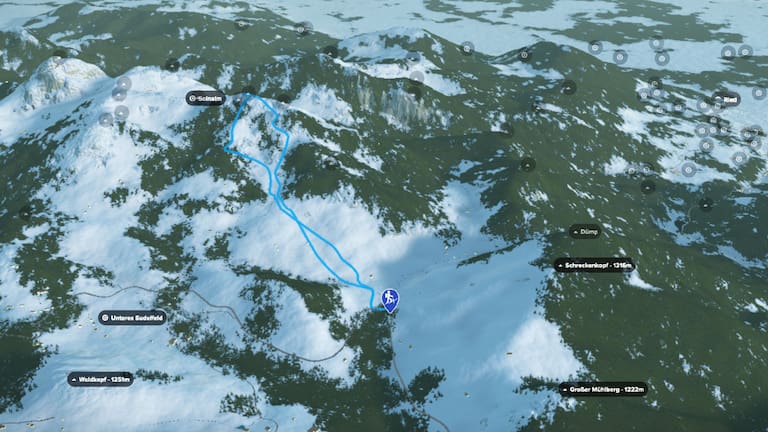 3D-Kartenausschnitt der Skitour aufs Wildalpjoch in den Bayerischen Voralpen