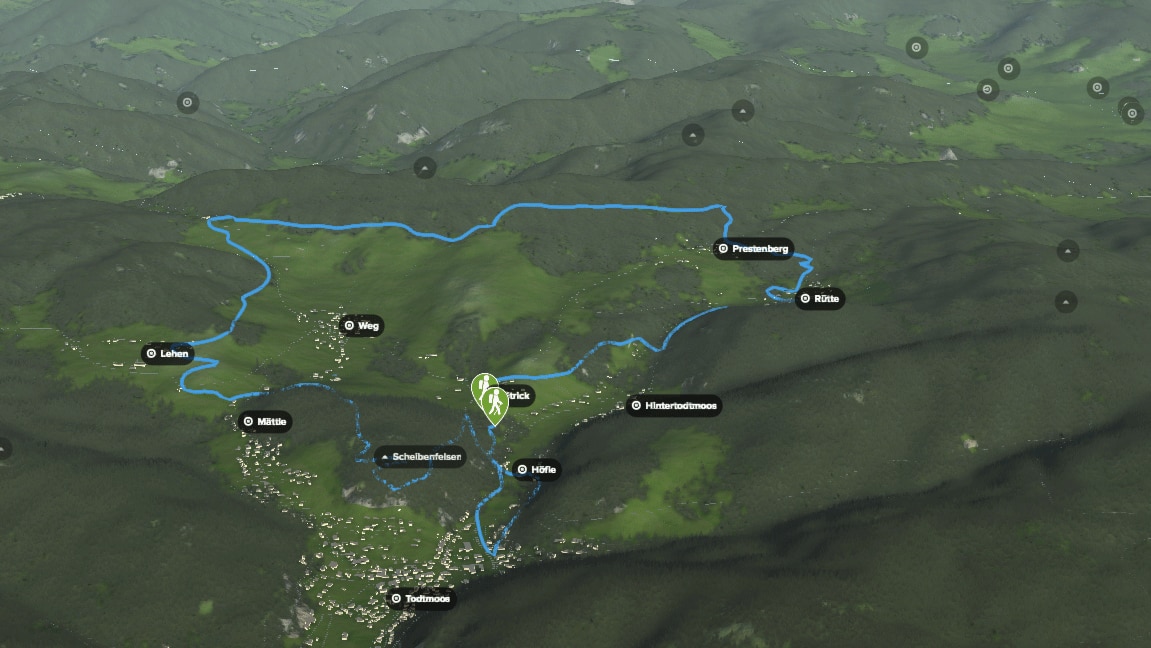 3D-Kartenausschnitt des Todtmooser Lebküchlerwegs im Hochschwarzwald in Baden-Württemberg