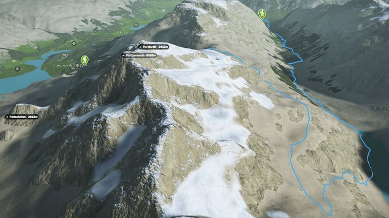 3D-Kartenausschnitt des Höhenwegs im Engadin im Kanton Graubünden