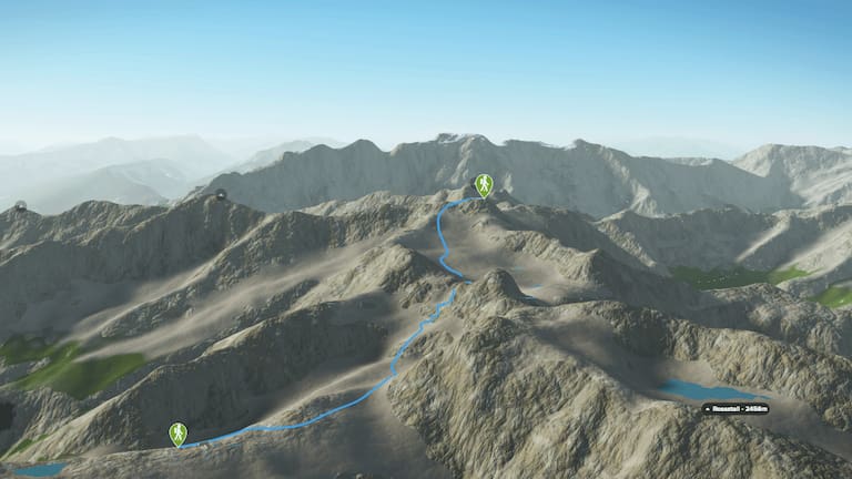 3D-Kartenausschnitt der alpinen Wanderung auf den Pizol im Sarganserland im Kanton St. Gallen