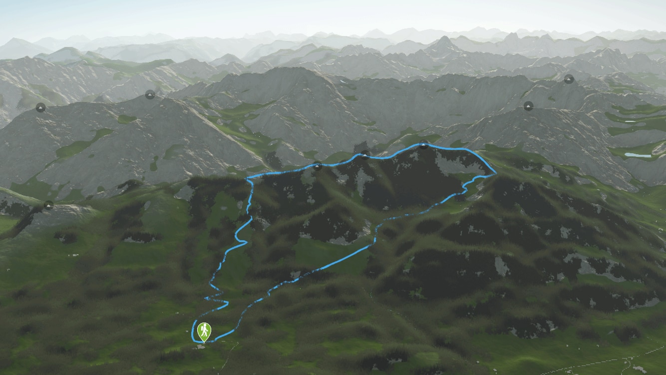 3D-Kartenausschnitt der Überschreitung der Sonnenköpfe in den Allgäuer Alpen