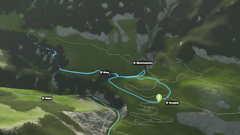 3D-Kartenausschnitt der Tulpenring-Wanderung bei Grengiols im Wallis