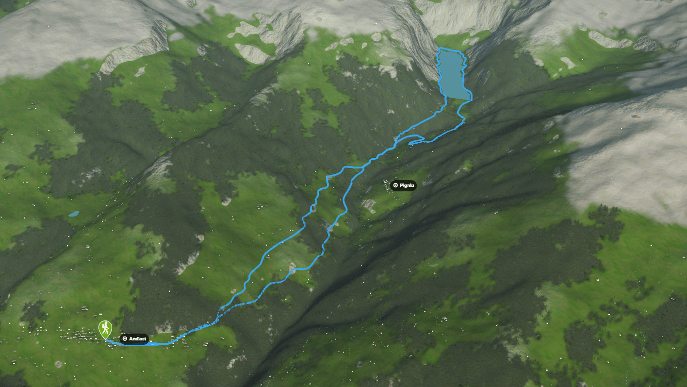 3D-Kartenausschnitt der Wanderung zum Lag da Pigniu in der Surselva in Graubünden