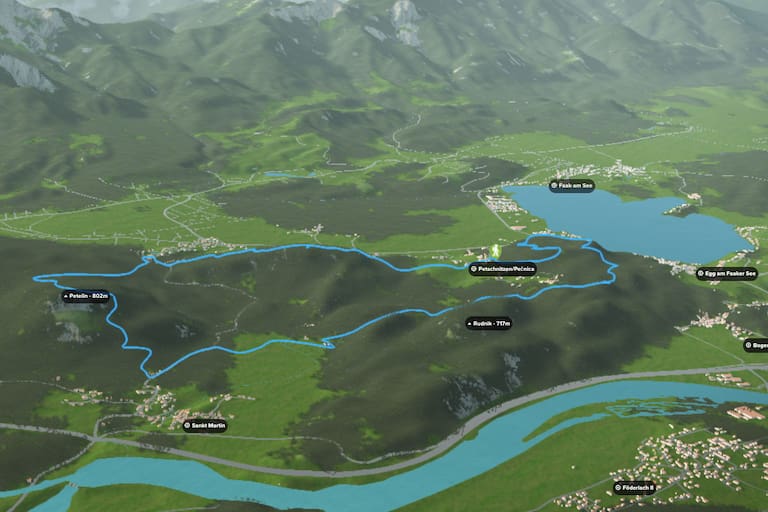 3D-Kartenausschnitt der Vier-Gipfel-Tour am Faaker See bei Villach in Kärnten
