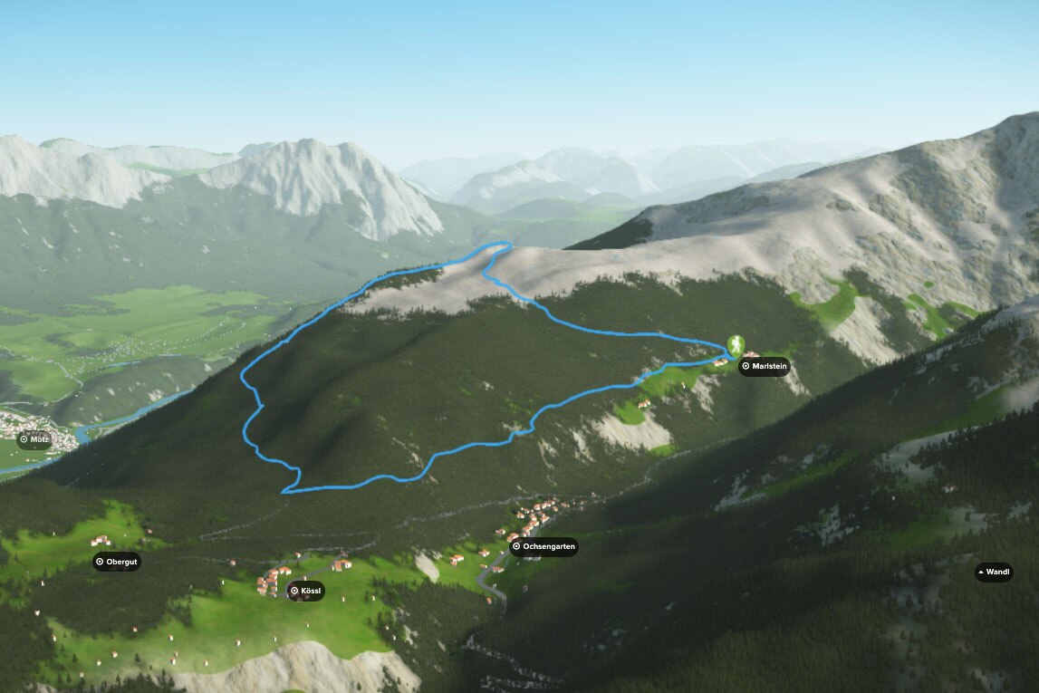 3D-Kartenausschnitt der Wanderung aufs Faltegartenköpfl in den Stubaier Alpen in Tirol