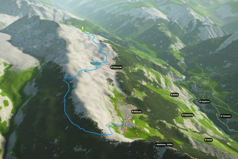 3D-Kartenausschnitt der Wanderung aus Fiescheralp nach Riederalp in den Berner Alpen im Wallis