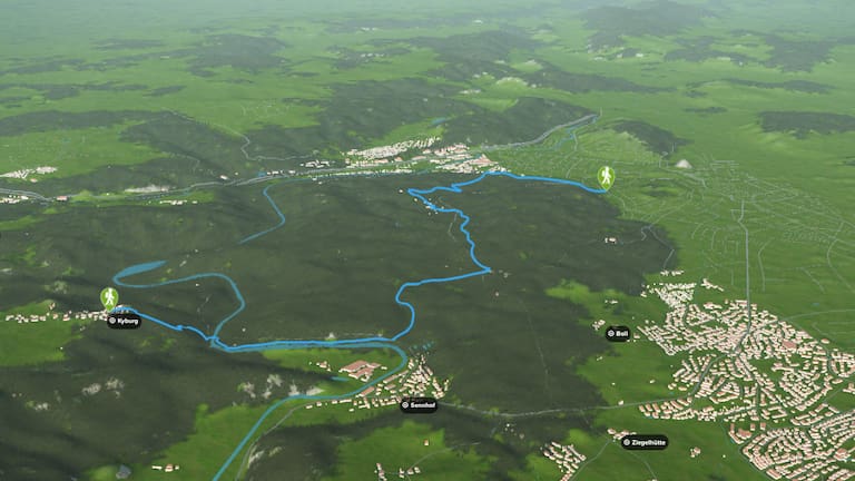 3D-Kartenausschnitt der Wanderung zum Schloss Kyburg bei Winterthur im Kanton Zürich