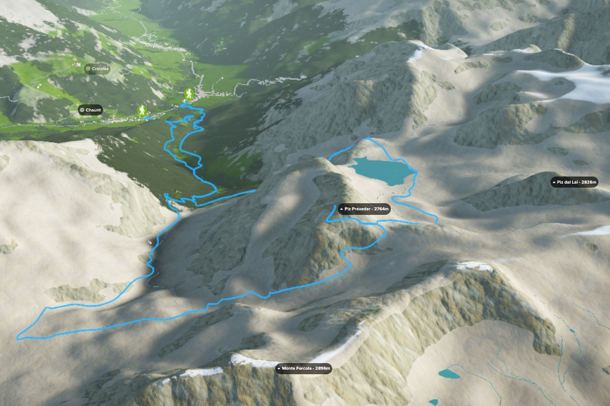 3D-Kartenausschnitt der Rundwanderung zum Bergsee Lai da Rims in Graubünden