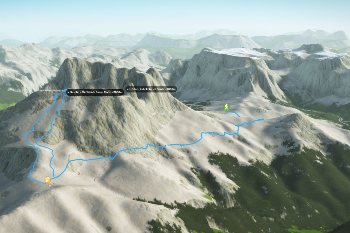 3D-Kartenausschnitt der Wanderung auf den Plattkofel in den Dolomiten