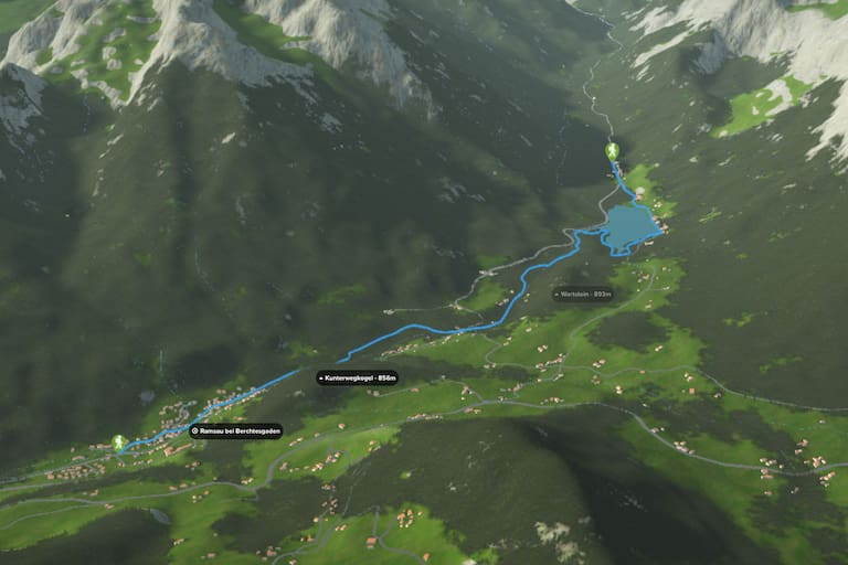 3D-Kartenausschnitt der Wanderung entlang des Ramsauer Malerwegs bei Berchtesgaden in Bayern