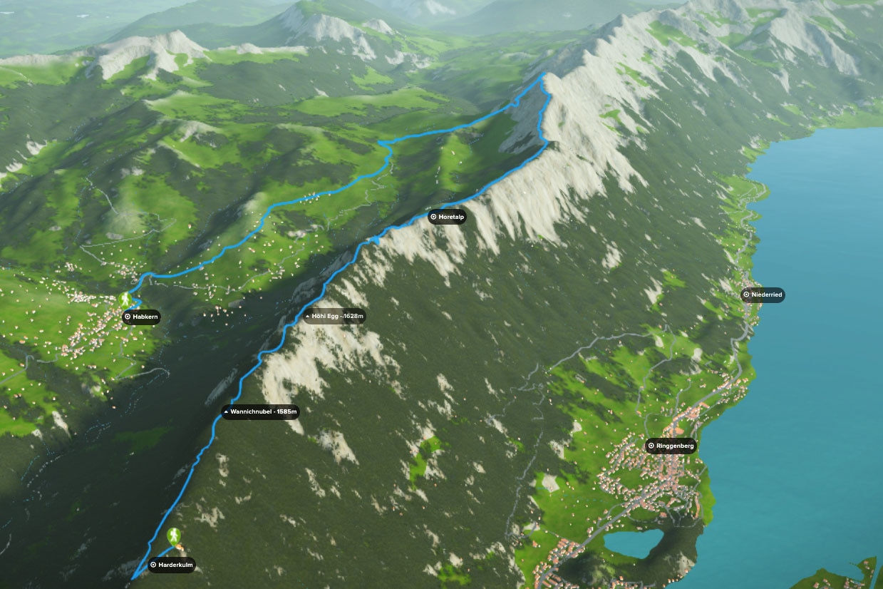 3D-Kartenausschnitt der Gratwanderung in den Emmentaler Alpen hoch über Interlaken im Kanton Bern