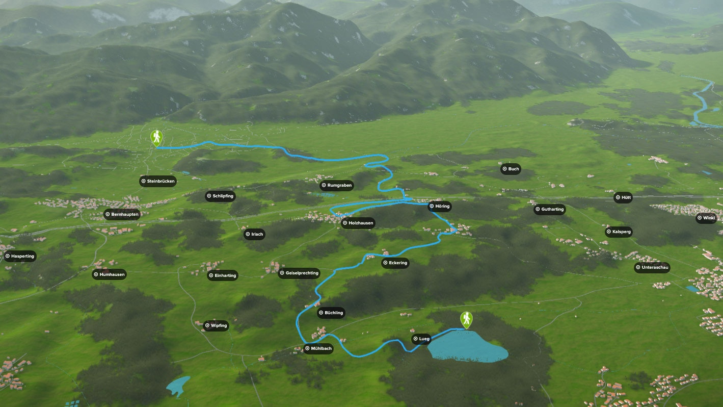 3D-Kartenausschnitt der Wanderung durch das Bergener Moos im bayerischen Chiemgau