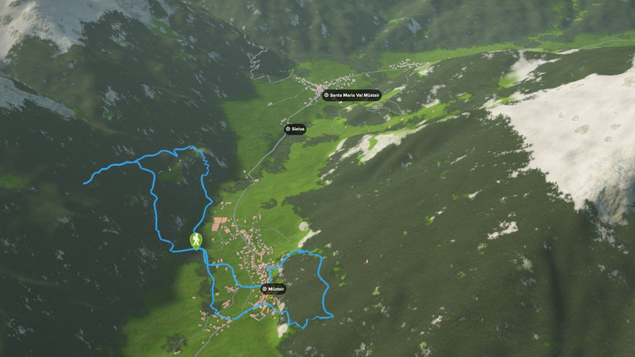 3D-Kartenausschnitt der Wanderung entlang des Naturlehrpfads Müstair im Kanton Graubünden