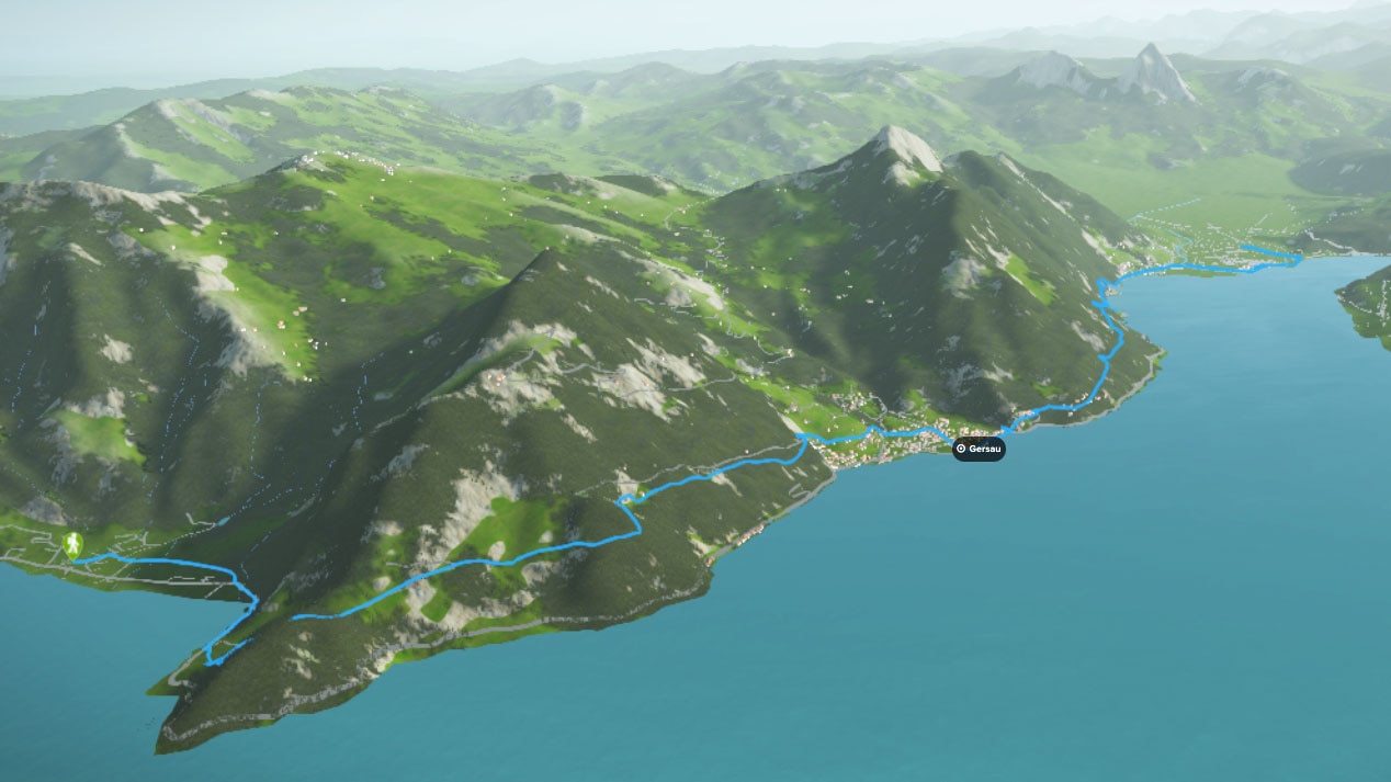 3D-Kartenausschnitt des Waldstätter Wegs von Brunnen in der Schwyz bis Vitznau in Luzern