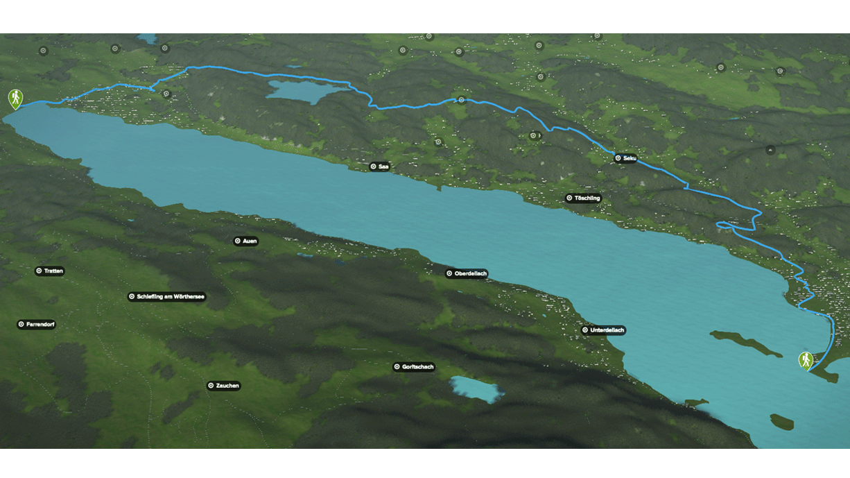 3D-Kartenausschnitt der Wanderung am Wörthersee von Pörtschach nach Velden