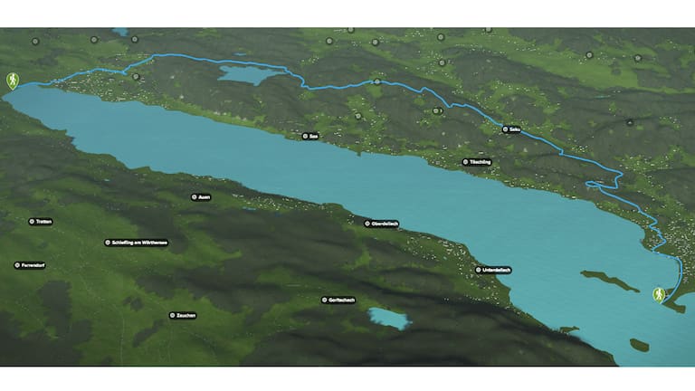 3D-Kartenausschnitt der Wanderung am Wörthersee von Pörtschach nach Velden