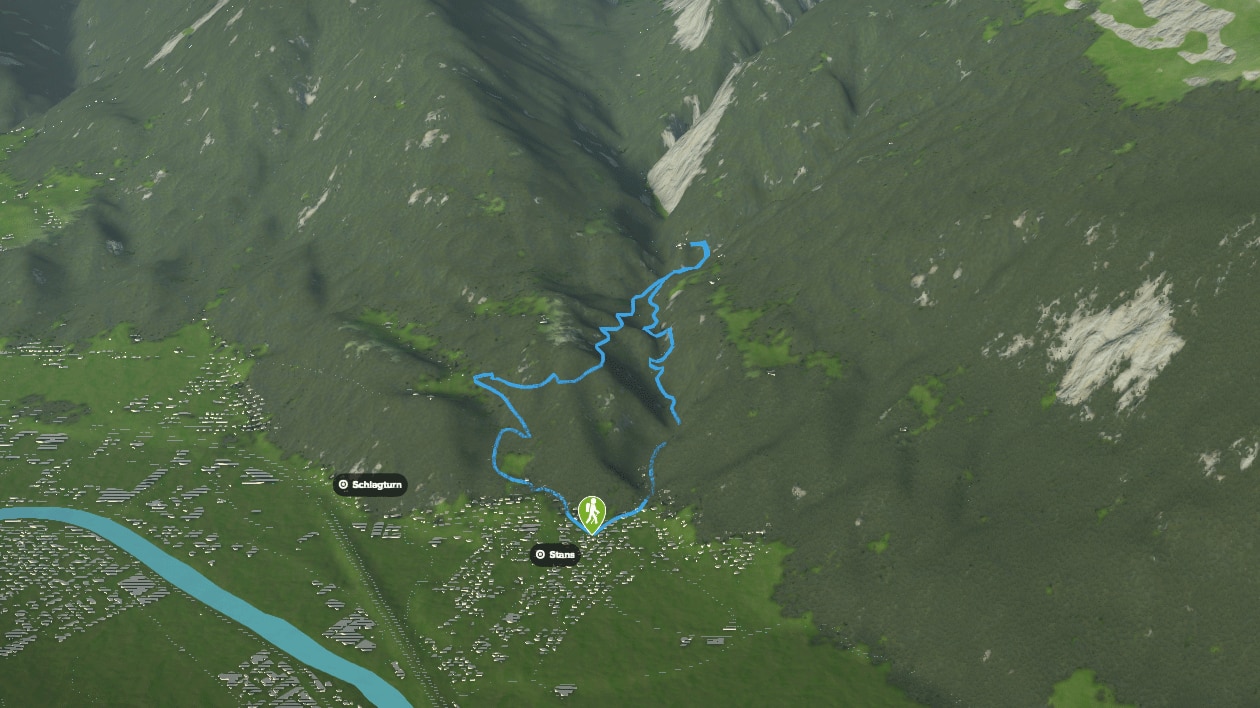 3D-Kartenausschnitt der Wanderung durch die Wolfsklamm bei Stans in Tirol