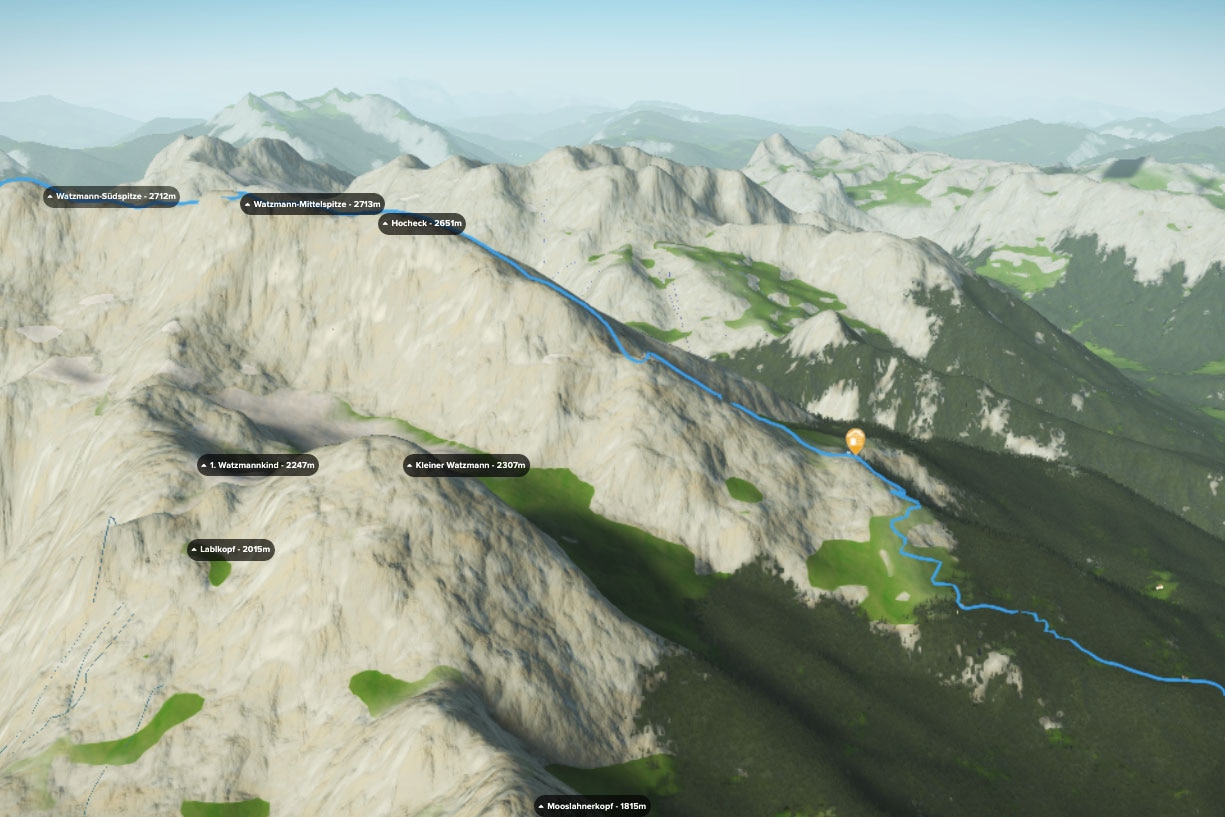 3D-Kartenausschnitt: Watzmann-Überschreitung in den Berchtesgadener Alpen in Bayern