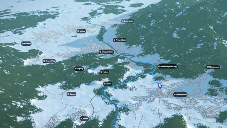 3D-Kartenausschnitt der Winterwanderung bei Unterwössen im oberbayerischen Landkreis Traunstein
