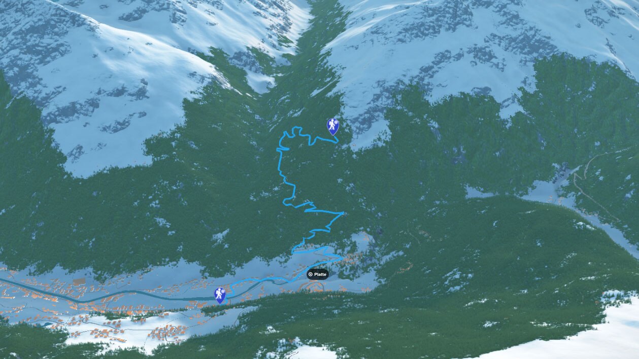 3D-Kartenausschnitt der Winterwanderung zur Brunnenbergalm bei Sölden in Tirol