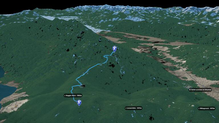 3D-Kartenausschnitt der Winterwanderung zur Kohlröslhütte in Kärnten
