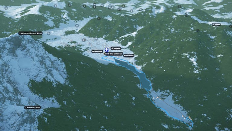 3D-Kartenausschnitt der Winterwanderung rund um den Tiroler Pillersee