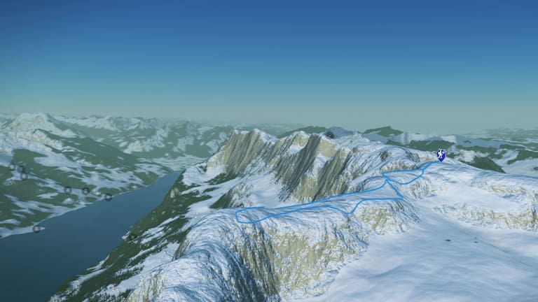 3D-Kartenausschnitt der Winterwanderung am Chäserrugg zu den Rosenböden im Kanton St. Gallen