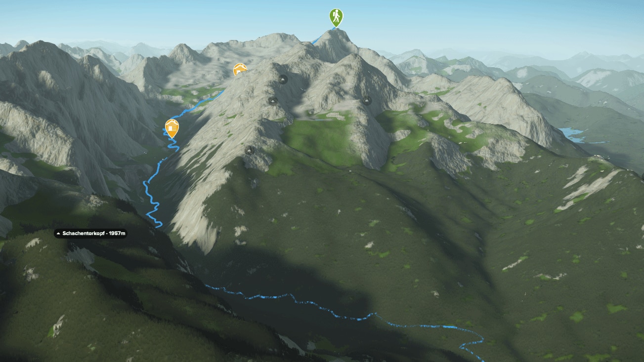 3D-Kartenausschnitt der Bergtour auf die Zugspitze im bayerischen Wettersteingebirge