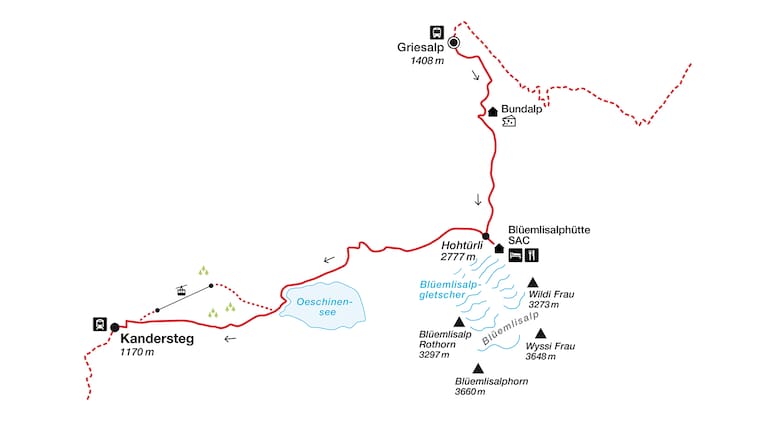 Der genaue Routenverlauf der Königsetappe der Via Alpina – von der Griesalp nach Kandersteg.